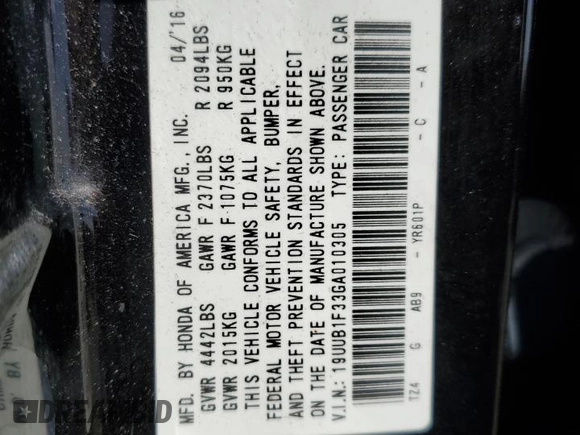 2016 Acura TLX with VIN 19UUB1F33GA010305, listed as a Copart auction lot 50541015 with 106,225 mi miles and Salvage Title. Bid and sale history available at carsss.com. Image 15.