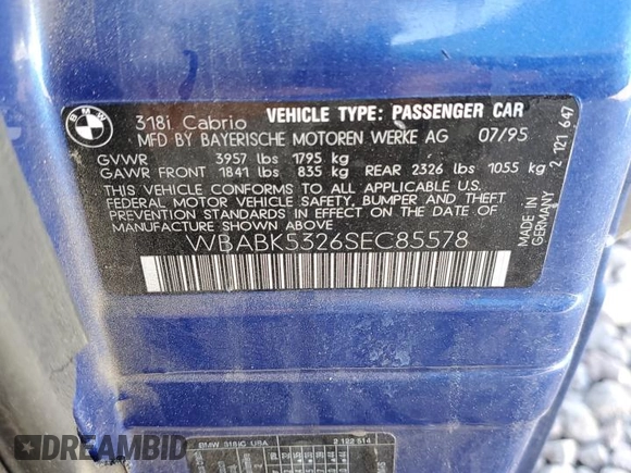 1995 BMW 3 Series 318iC with VIN WBABK5326SEC85578, listed as a Copart auction lot 70908734 with 200,381 mi miles and Salvage Title. Bid and sale history available at carsss.com. Image 14.