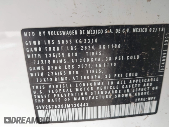 2018 Volkswagen Tiguan SEL with VIN 3VV2B7AX8JM120443, listed as a IAAI auction lot 42154773 with 70,256 mi miles and . Bid and sale history available at DreamBid. Image 9.