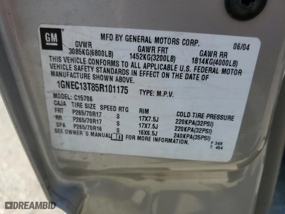 2005 Chevrolet Tahoe LT with VIN 1GNEC13T85R101175, listed as a Copart auction lot 49727485 with 187,301 mi miles and Salvage Title. Bid and sale history available at carsss.com. Image 13.