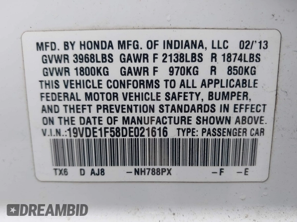 2013 Acura ILX Premium Pkg with VIN 19VDE1F58DE021616, listed as a IAAI auction lot 41840608 with 87,220 mi miles. Bid and sale history available at carsss.com. Image 9.