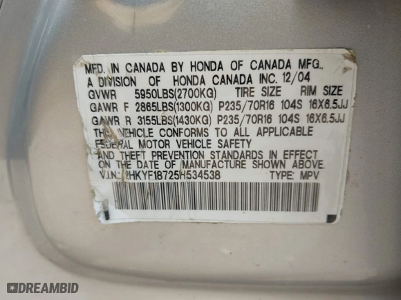 2005 Honda Pilot EX-L with NAVI with VIN 2HKYF18725H534538, listed as a IAAI auction lot 41677322 with 157,987 mi miles. Bid and sale history available at carsss.com. Image 9.