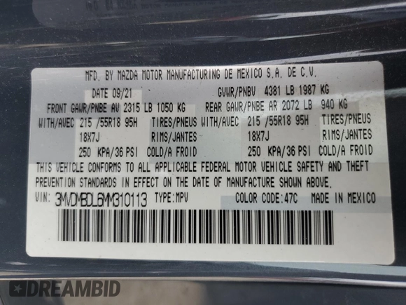 2021 Mazda CX-30 Premium with VIN 3MVDMBDL6MM310113, listed as a Copart auction lot 63398415 with 45,130 mi miles and Salvage title. Bid and sale history available at DreamBid. Image 14.