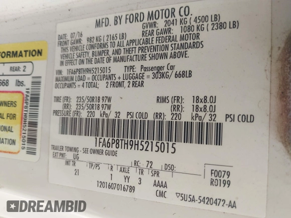 2017 Ford Mustang EcoBoost with VIN 1FA6P8TH9H5215015, listed as a IAAI auction lot 41905827 with 108,396 mi miles and . Bid and sale history available at DreamBid. Image 9.