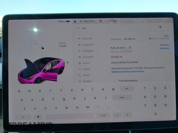 2020 Tesla Model 3 Performance z VIN 5YJ3E1EC7LF641918, wystawiony jako IAAI lot #41984261 z przebiegiem 50 202 mil mil oraz . Historia ofert i sprzedaży dostępna na DreamBid. Obrazek 7.
