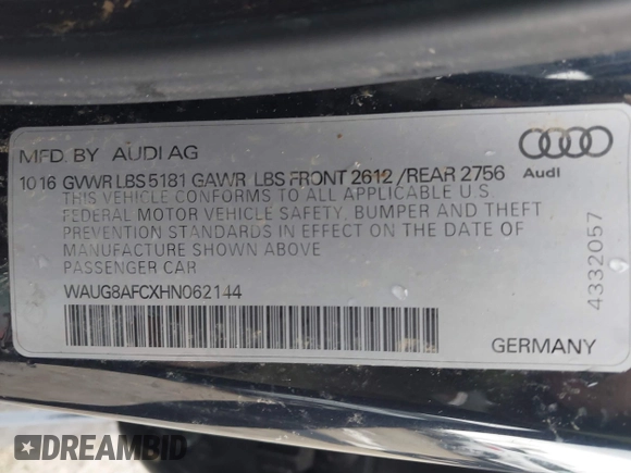 2017 Audi A6 Premium Plus with VIN WAUG8AFCXHN062144, listed as a IAAI auction lot 41722940 with 93,752 mi miles. Bid and sale history available at carsss.com. Image 9.