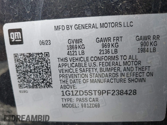 2023 Chevrolet Malibu LT with VIN 1G1ZD5ST9PF238428, listed as a IAAI auction lot 42148023 with 33,809 mi miles and . Bid and sale history available at DreamBid. Image 9.