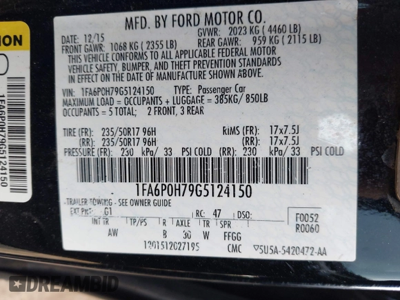 2016 Ford Fusion SE with VIN 1FA6P0H79G5124150, listed as a IAAI auction lot 42001241 with 198,889 mi miles and . Bid and sale history available at DreamBid. Image 9.