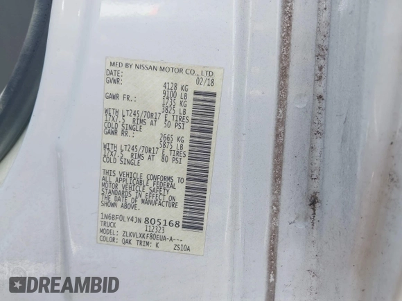 2018 Nissan NV Cargo SV with VIN 1N6BF0LY4JN805168, listed as a IAAI auction lot 42626520 with 178,921 mi miles and . Bid and sale history available at DreamBid. Image 9.