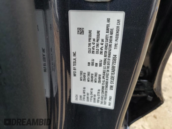 2024 Tesla Model 3 with VIN 5YJ3E1EA8RF755854, listed as a Copart auction lot 45986995 with 7,374 mi miles and Salvage Title. Bid and sale history available at DreamBid. Image 14.