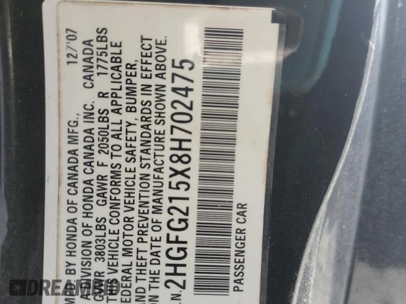 2008 Honda Civic Cpe Si with VIN 2HGFG215X8H702475, listed as a Copart auction lot 47208625 with 238,593 mi miles and Salvage Title. Bid and sale history available at carsss.com. Image 14.