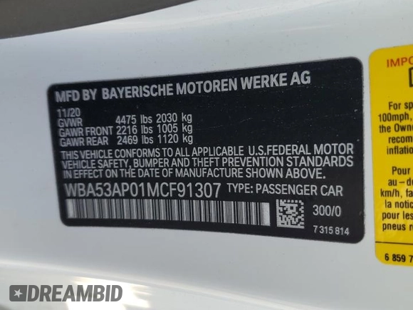 2021 BMW 4 Series 430i with VIN WBA53AP01MCF91307, listed as a Copart auction lot 54071005 with 44,952 mi miles and Salvage title. Bid and sale history available at DreamBid. Image 12.