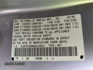 2008 Acura RDX Technology with VIN 5J8TB18588A019643, listed as a IAAI auction lot 42113976 with 157,598 mi miles and . Bid and sale history available at carsss.com. Image 9.