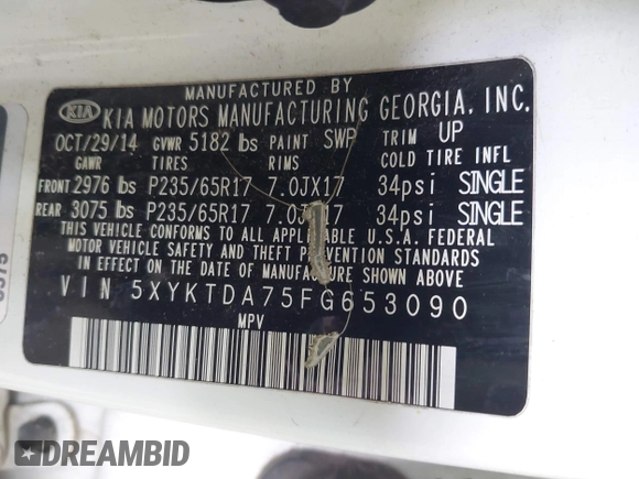 2015 Kia Sorento LX with VIN 5XYKTDA75FG653090, listed as a IAAI auction lot 42676355 with 153,476 mi miles and . Bid and sale history available at DreamBid. Image 9.