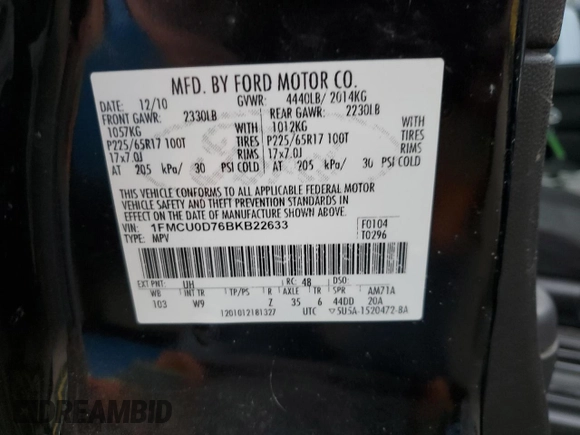 2011 Ford Escape XLT with VIN 1FMCU0D76BKB22633, listed as a Copart auction lot 52345405 with 134,266 mi miles and Clean Title. Bid and sale history available at carsss.com. Image 13.