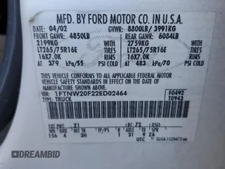2002 Ford F-250 XL with VIN 1FTNW20F22ED02464, listed as a Copart auction lot 55028785 with Not provided miles and Salvage title. Bid and sale history available at DreamBid. Image 12.