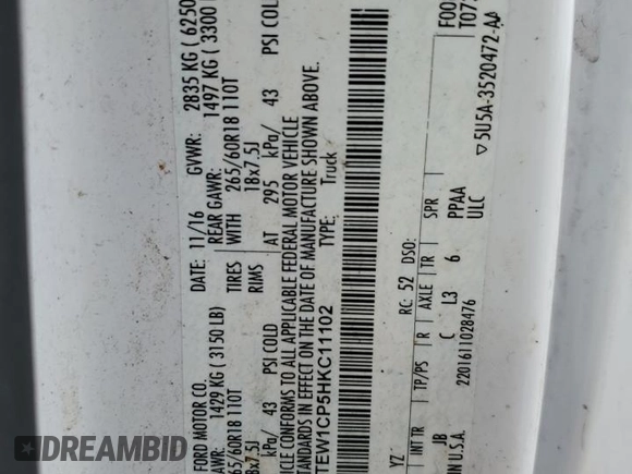 2017 Ford F-150 XL with VIN 1FTEW1CP5HKC11102, listed as a Copart auction lot 54764785 with 195,901 mi miles and Salvage title. Bid and sale history available at DreamBid. Image 13.