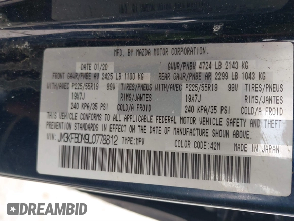 2020 Mazda CX-5 Grand Touring with VIN JM3KFBDM9L0778812, listed as a IAAI auction lot 41589208 with 39,385 mi miles. Bid and sale history available at carsss.com. Image 9.