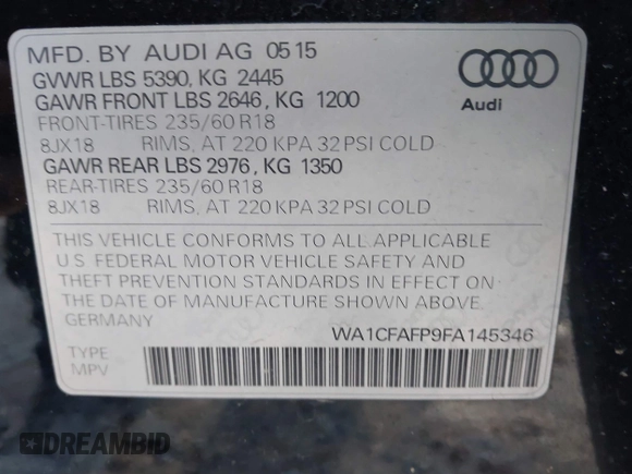 2015 Audi Q5 Premium with VIN WA1CFAFP9FA145346, listed as a IAAI auction lot 41470404 with 167,210 mi miles. Bid and sale history available at carsss.com. Image 9.