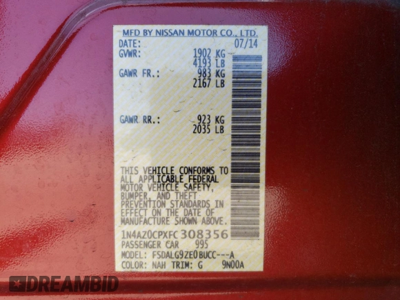 2015 Nissan LEAF SV with VIN 1N4AZ0CPXFC308356, listed as a Copart auction lot 52043783 with 71,353 mi miles. Bid and sale history available at carsss.com. Image 13.