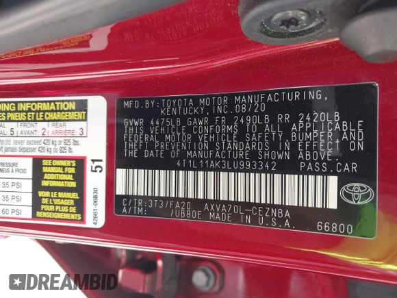2020 Toyota Camry LE with VIN 4T1L11AK3LU993342, listed as a IAAI auction lot 42033420 with 84,849 mi miles and . Bid and sale history available at DreamBid. Image 9.