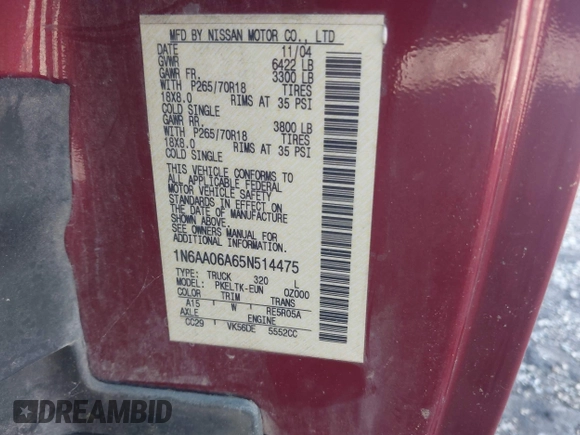 2005 Nissan Titan SE z VIN 1N6AA06A65N514475, wystawiony jako IAAI lot #42646219 z przebiegiem 142 736 mil mil oraz . Historia ofert i sprzedaży dostępna na DreamBid. Obrazek 9.