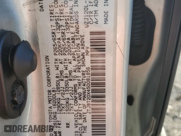 2005 Lexus GX 470 with VIN JTJBT20X450081856, listed as a Copart auction lot 46337545 with 382,956 mi miles and Clean Title. Bid and sale history available at DreamBid. Image 13.
