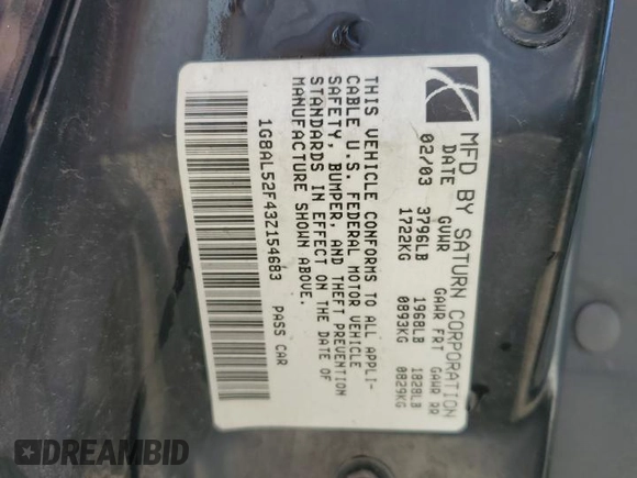 2003 Saturn ION with VIN 1G8AL52F43Z154683, listed as a Copart auction lot 53736895 with 233,387 mi miles and Non Repairable. Bid and sale history available at carsss.com. Image 12.