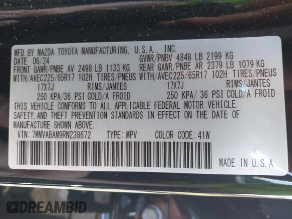 2024 Mazda CX-50 S Select with VIN 7MMVABAM9RN238672, listed as a IAAI auction lot 41854020 with 4,953 mi miles and . Bid and sale history available at DreamBid. Image 9.