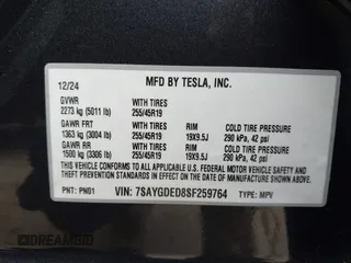 2025 Tesla Model Y Long Range z VIN 7SAYGDED8SF259764, wystawiony jako IAAI lot #42095888 z przebiegiem 2 685 mil mil oraz . Historia ofert i sprzedaży dostępna na DreamBid. Obrazek 9.