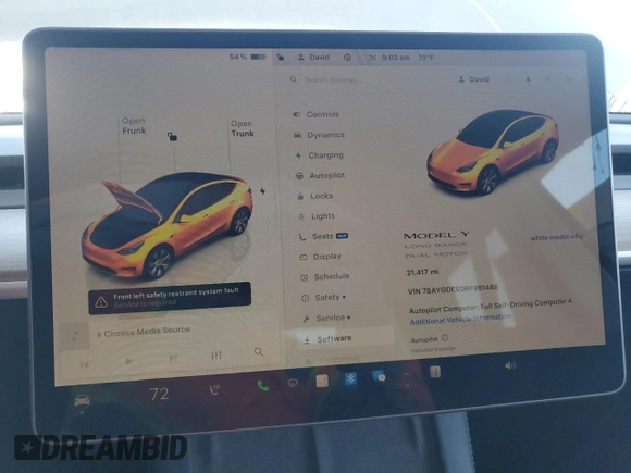 2024 Tesla Model Y Long Range с VIN 7SAYGDEE0RF981488, выставлен на аукционе Copart как лот 58704135 с пробегом 21 417 миль миль и Списание • Salvage title. История ставок и продаж доступна на DreamBid. Изображение 9.