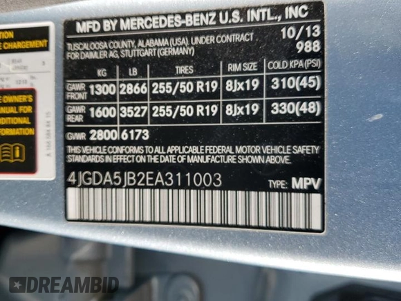 2014 Mercedes-Benz M 350 с VIN 4JGDA5JB2EA311003, выставлен на аукционе Copart как лот 65713745 с пробегом 132 817 миль миль и Чистый • Clean title. История ставок и продаж доступна на DreamBid. Изображение 14.