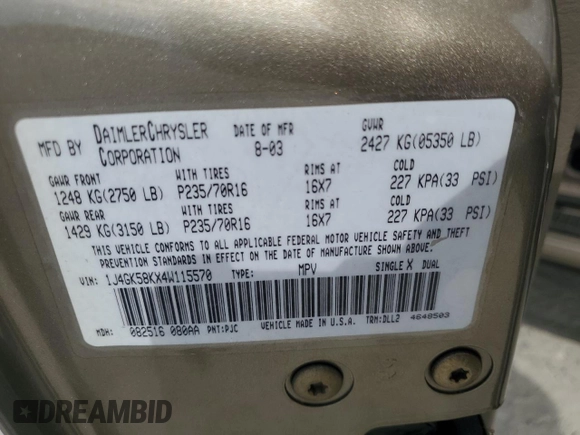 2004 Jeep Liberty Limited with VIN 1J4GK58KX4W115570, listed as a Copart auction lot 64292915 with 106,843 mi miles and Clean title. Bid and sale history available at DreamBid. Image 13.