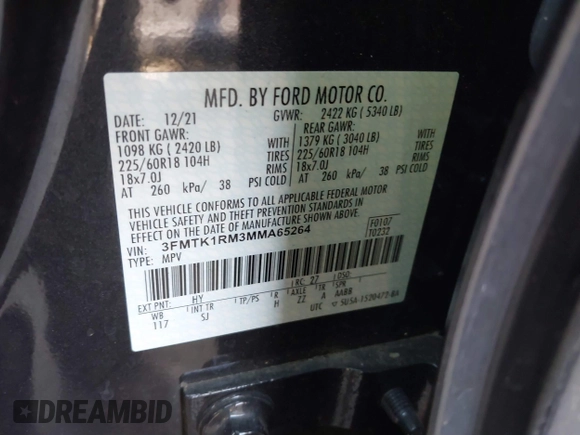 2021 Ford Mustang Mach-E Select z VIN 3FMTK1RM3MMA65264, wystawiony jako IAAI lot #40897877 z przebiegiem 52 212 mil mil oraz . Historia ofert i sprzedaży dostępna na DreamBid. Obrazek 9.