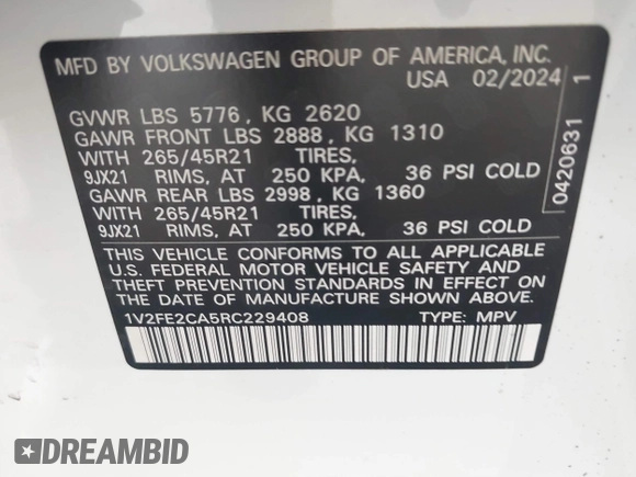 2024 Volkswagen Atlas SEL Premium R-Line with VIN 1V2FE2CA5RC229408, listed as a IAAI auction lot 39587804 with 341 mi miles and . Bid and sale history available at DreamBid. Image 9.