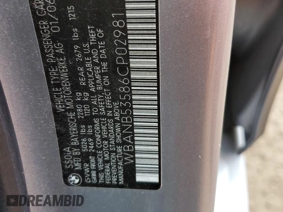 2006 BMW 5 Series 550i with VIN WBANB53586CP02981, listed as a Copart auction lot 84903254 with 124,132 mi miles and Salvage Title. Bid and sale history available at DreamBid. Image 12.