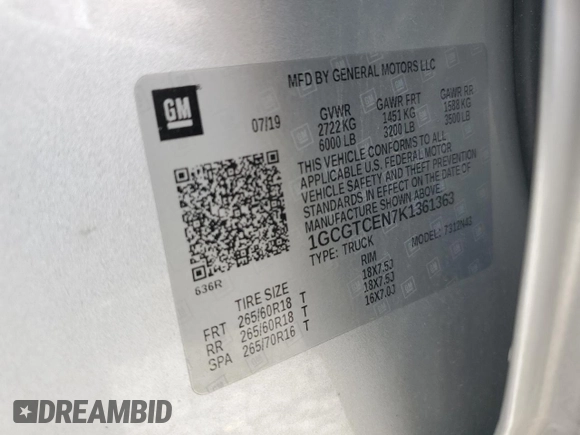 2019 Chevrolet Colorado 4WD LT with VIN 1GCGTCEN7K1361363, listed as a Copart auction lot 58660195 with Not provided miles and Salvage title. Bid and sale history available at DreamBid. Image 12.