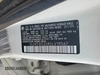 2005 BMW X5 4.4i with VIN 5UXFB53585LV19567, listed as a Copart auction lot 65774034 with 265,529 mi miles and Salvage Title. Bid and sale history available at carsss.com. Image 15.