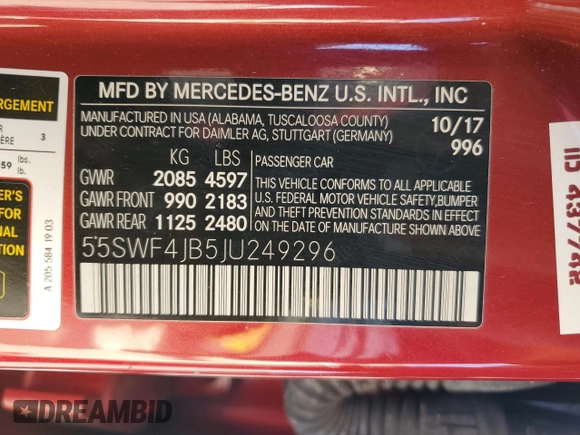 2018 Mercedes-Benz C 300 z VIN 55SWF4JB5JU249296, wystawiony jako Copart lot #88348725 z przebiegiem 60 505 mil mil oraz Szkoda całkowita • Salvage title. Historia ofert i sprzedaży dostępna na DreamBid. Obrazek 15.