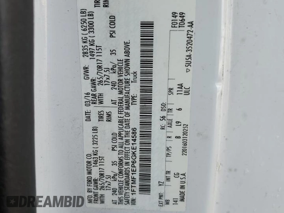 2016 Ford F-150 XL с VIN 1FTMF1EP6GKE14586, выставлен на аукционе Copart как лот 63669505 с пробегом 183 171 миль миль и Чистый • Clean title. История ставок и продаж доступна на DreamBid. Изображение 12.