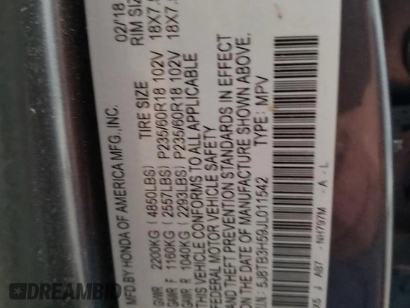 2018 Acura RDX Technology with VIN 5J8TB3H59JL011542, listed as a Copart auction lot 85057524 with Not Provided miles and Clean Title. Bid and sale history available at DreamBid. Image 13.