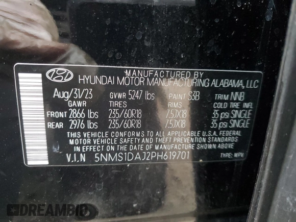2023 Hyundai Santa Fe SE with VIN 5NMS1DAJ2PH619701, listed as a Copart auction lot 88244315 with 33,265 mi miles and Salvage Title. Bid and sale history available at carsss.com. Image 16.