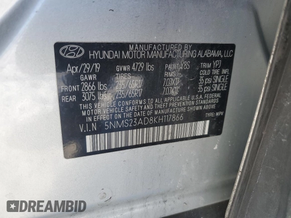 2019 Hyundai Santa Fe SE z VIN 5NMS23AD8KH117866, wystawiony jako Copart lot #45498615 z przebiegiem 70 030 mil mil oraz Szkoda całkowita • Salvage title. Historia ofert i sprzedaży dostępna na DreamBid. Obrazek 13.