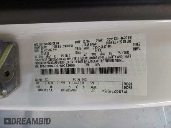 2017 Ford Escape SE z VIN 1FMCU0GD3HUC12658, wystawiony jako IAAI lot #41801033 z przebiegiem 107 662 mil mil oraz . Historia ofert i sprzedaży dostępna na DreamBid. Obrazek 9.