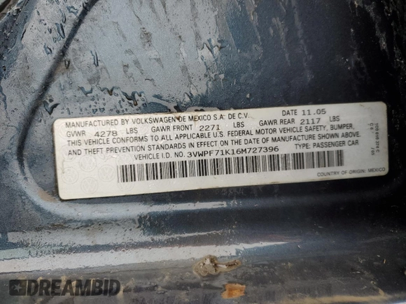 2006 Volkswagen Jetta Sedan Value Edition with VIN 3VWPF71K16M727396, listed as a Copart auction lot 51870415 with 222,371 mi miles and Salvage Title. Bid and sale history available at carsss.com. Image 14.