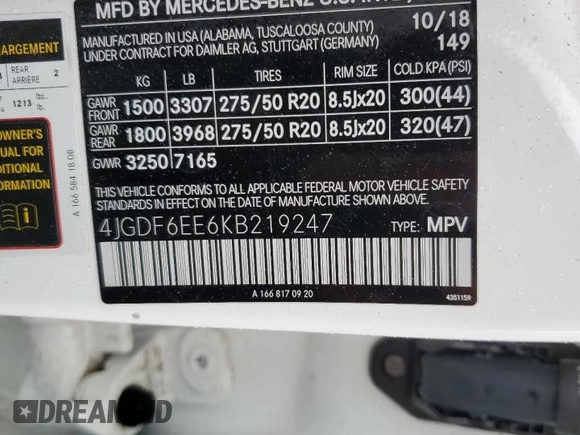 2019 Mercedes-Benz GLS 450 with VIN 4JGDF6EE6KB219247, listed as a Copart auction lot 45966534 with 59,464 mi miles and . Bid and sale history available at DreamBid. Image 12.