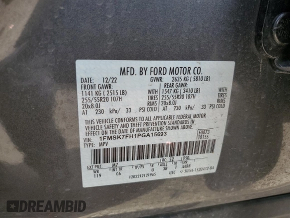 2023 Ford Explorer Limited with VIN 1FMSK7FH1PGA15693, listed as a Copart auction lot 46458305 with 35,295 mi miles and Salvage Title. Bid and sale history available at carsss.com. Image 14.
