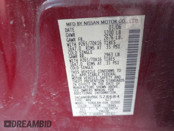 2006 Nissan Xterra SE with VIN 5N1AN08U96C528684, listed as a IAAI auction lot 41851332 with 251,780 mi miles and . Bid and sale history available at DreamBid. Image 9.