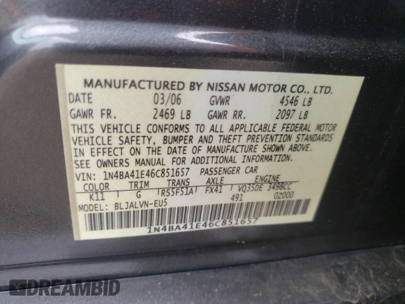 2006 Nissan Maxima SE with VIN 1N4BA41E46C851657, listed as a Copart auction lot 57139245 with 239,759 mi miles and Salvage title. Bid and sale history available at DreamBid. Image 13.