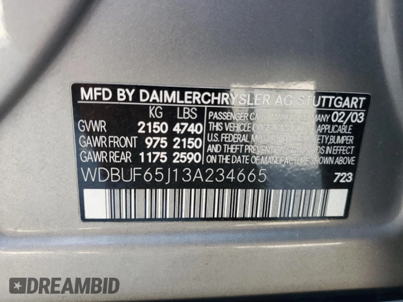 2003 Mercedes-Benz E 320 with VIN WDBUF65J13A234665, listed as a Copart auction lot 51797834 with 300,159 mi miles and Salvage Title. Bid and sale history available at DreamBid. Image 12.